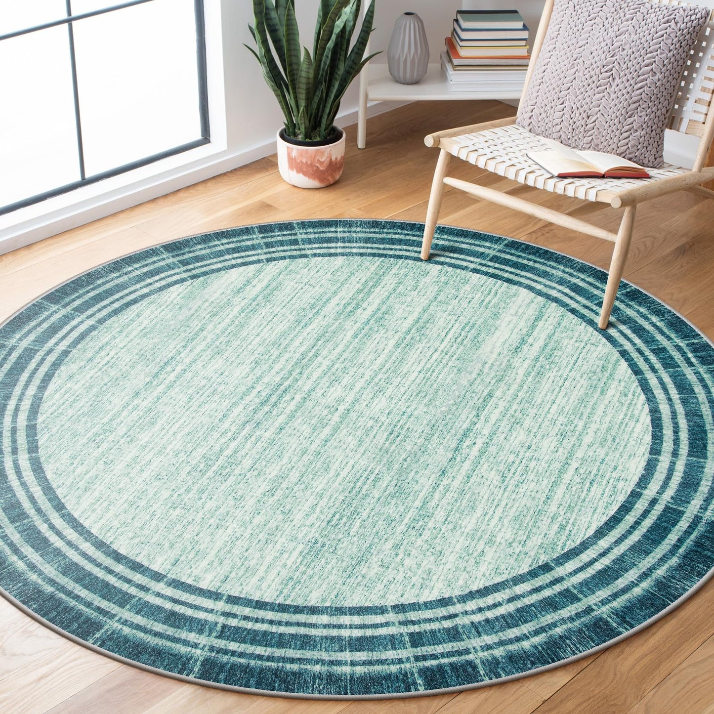 Lahome Amabel Abstract Round 4ft Entryway Rug, Washable Teal Entry Rugs Non Slip Circle Kitchen Carpet, Minimalist Border Dining Room Rug Indoor Room Carpet for Under Chair Coffee Table Entrance Mats