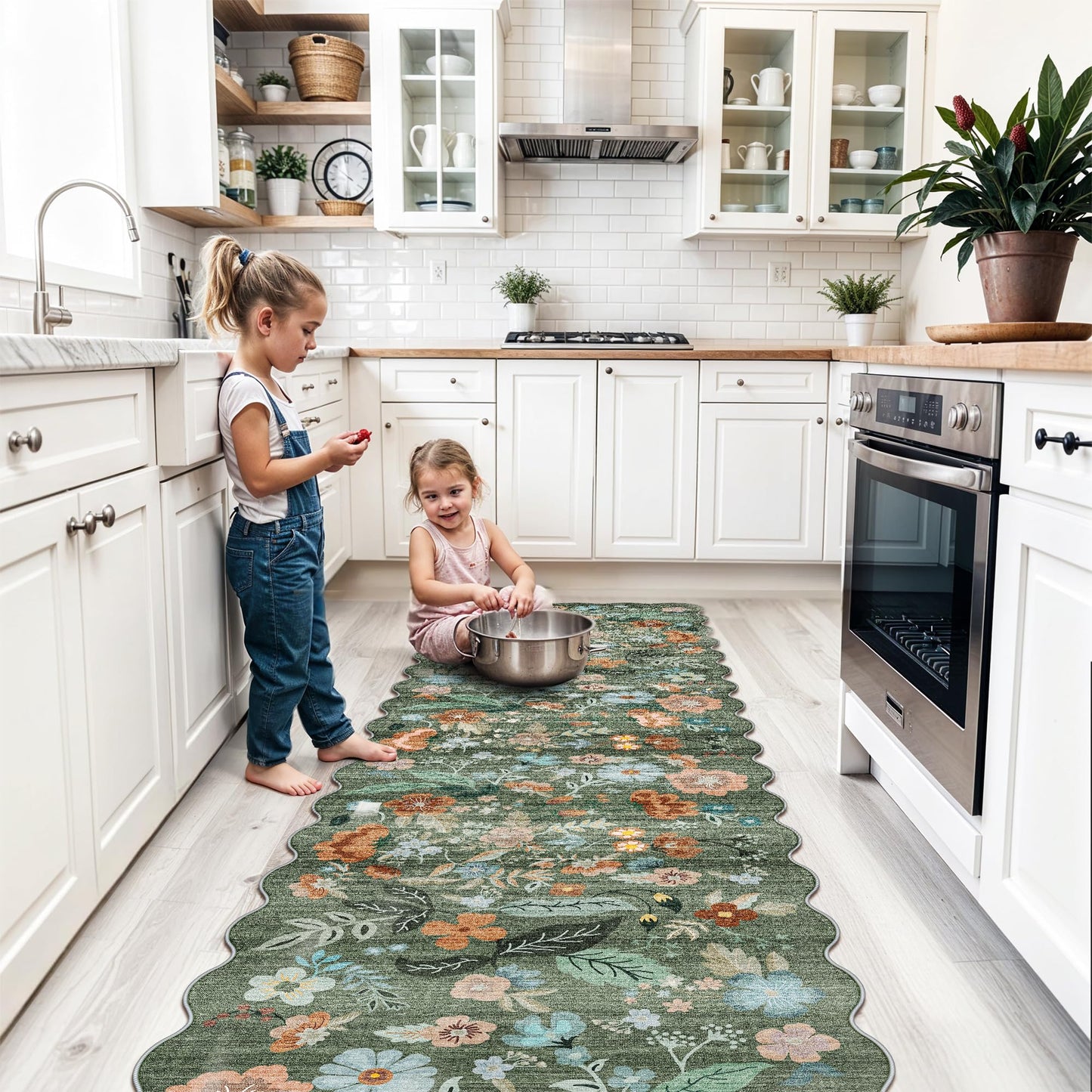 Washable 2x8 Hallway Runner Rug: Water-Resistant Kitchen Rug Soft Bedroom Carpet Non-Slip Indoor Hardwood Floor Mat for Entryway Bathroom Dining Room Boho Decorative Home Decor(2x8, Floral/Green)