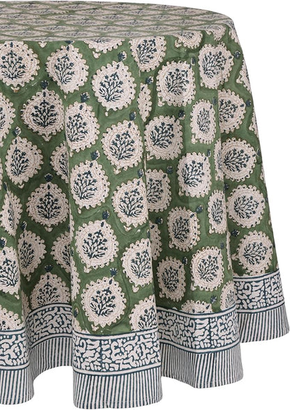 ATOSII Kari Green 100% Cotton Round Boho Spring Summer Tablecloth, Block Print Floral Table Cloth Linen for Dining, Parties, Weddings, OutdoorsI Home Table Decor 72" Inches Round