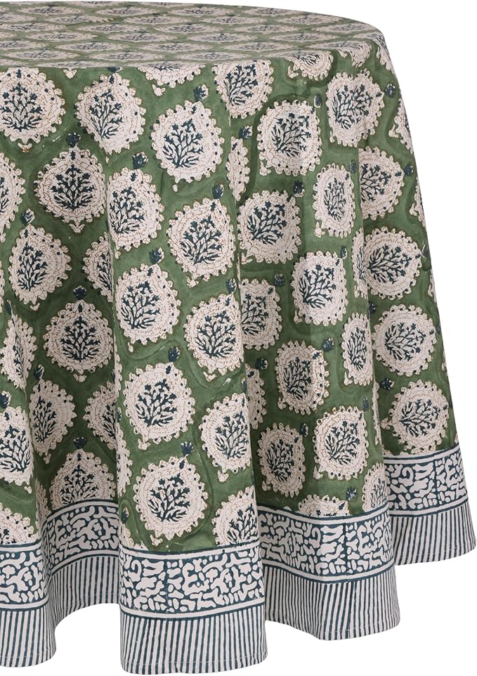 ATOSII Kari Green 100% Cotton Round Boho Spring Summer Tablecloth, Block Print Floral Table Cloth Linen for Dining, Parties, Weddings, OutdoorsI Home Table Decor 90" Inches Round