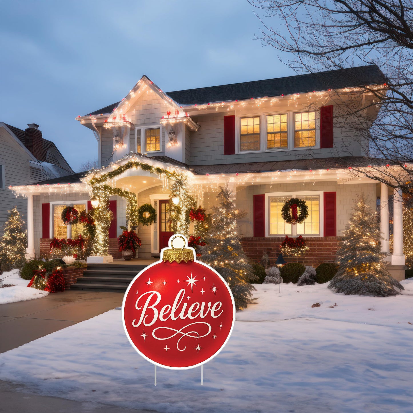 Believe Red Ornament Christmas Classic Yard Sign for Home Decor and Lawn Decoration With Stakes, Green Merry Christmas Sign