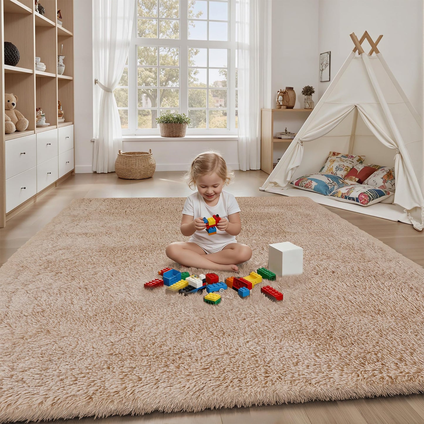 Area Rug for Living Room Bedroom: 4x6 Camel Soft Fluffy Shag Upgrade Non-Slip High Pile Carpet Large Fuzzy Plush Indoor Floor Decor Shaggy Rug for Kid Boys Girls Dorms Playroom Nursery Modern Home