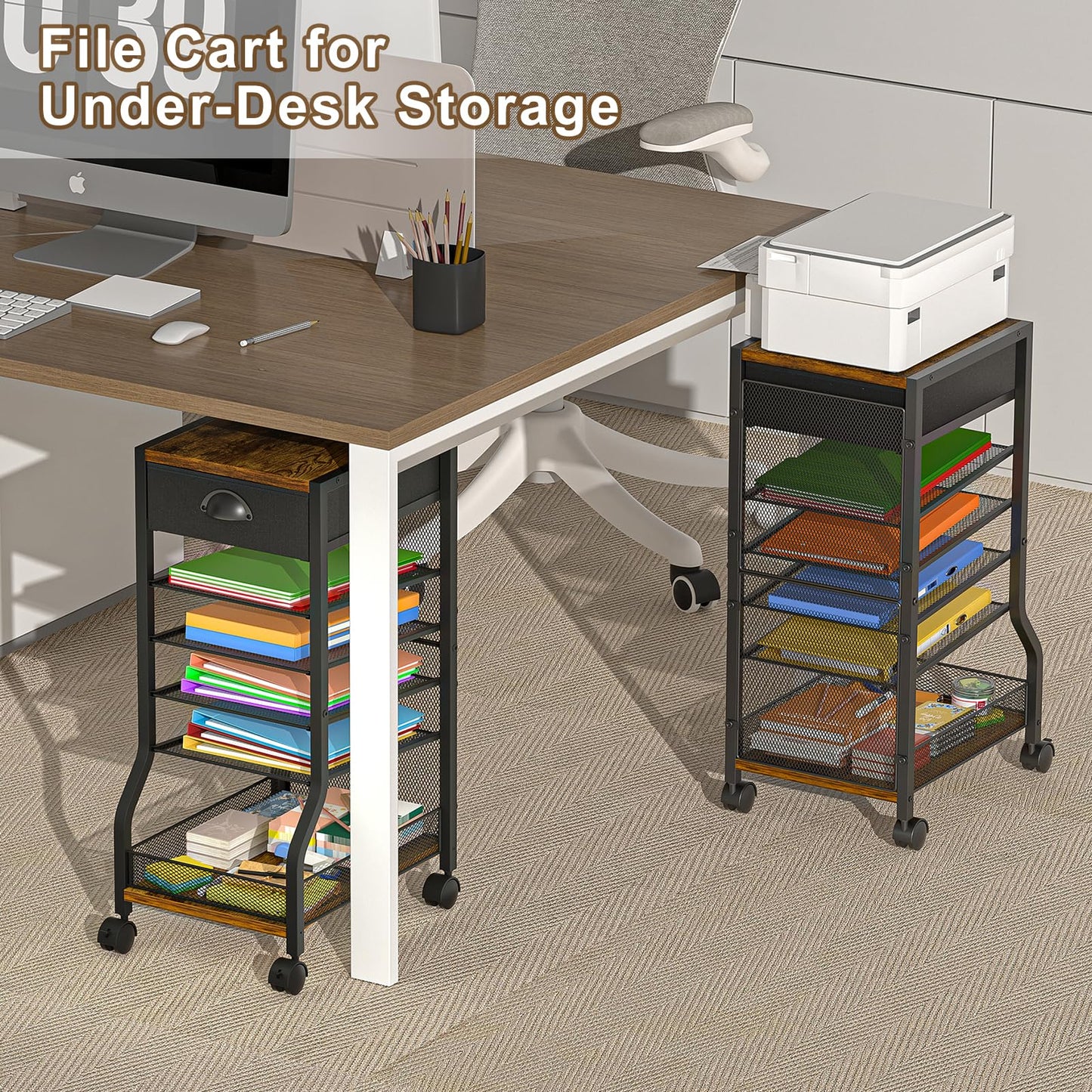 keomaisyto 6-Tier Rolling File Cart with Drawer, Under Desk Storage with Paper Letter Sliding Trays, Standing File Organizer with Wheels, Slim Workspace Organizers for Office/Home/School/Study