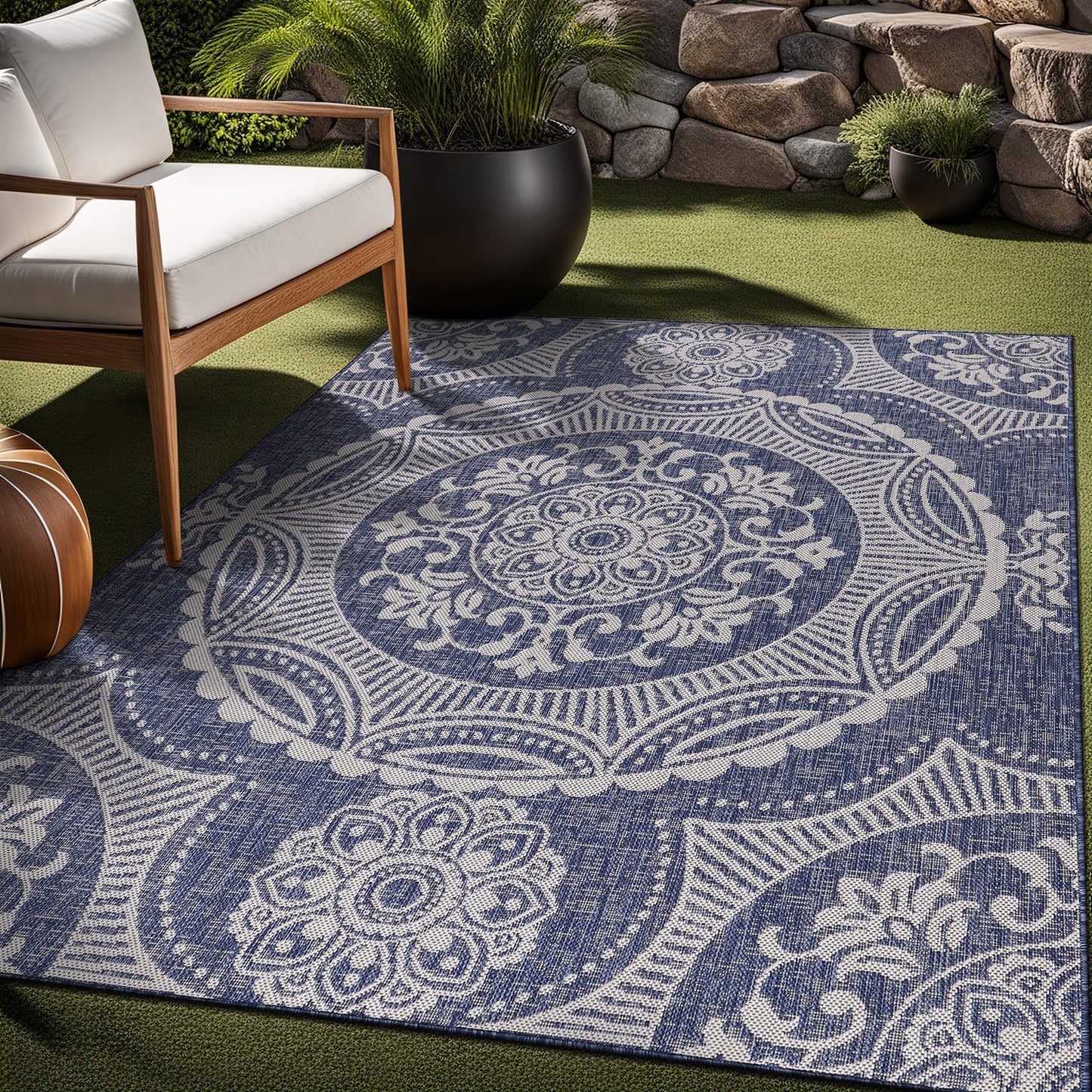 Luul Home Medallion Outdoor Rug 5x7 Washable Outside Carpet for Indoor Patio Porch Waterproof Easy Cleaning Non Shedding Area Rugs Blue 5 x 7