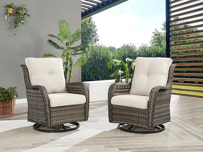Rilyson Wicker Rocking Chair Swivel Chairs - 3 Piece Rocker Patio Furniture Set Rattan Rocking Bistro Sets with Glass Top Side Table for Outdoor Porch Deck Garden Backyard (Mixed Grey/Beige)