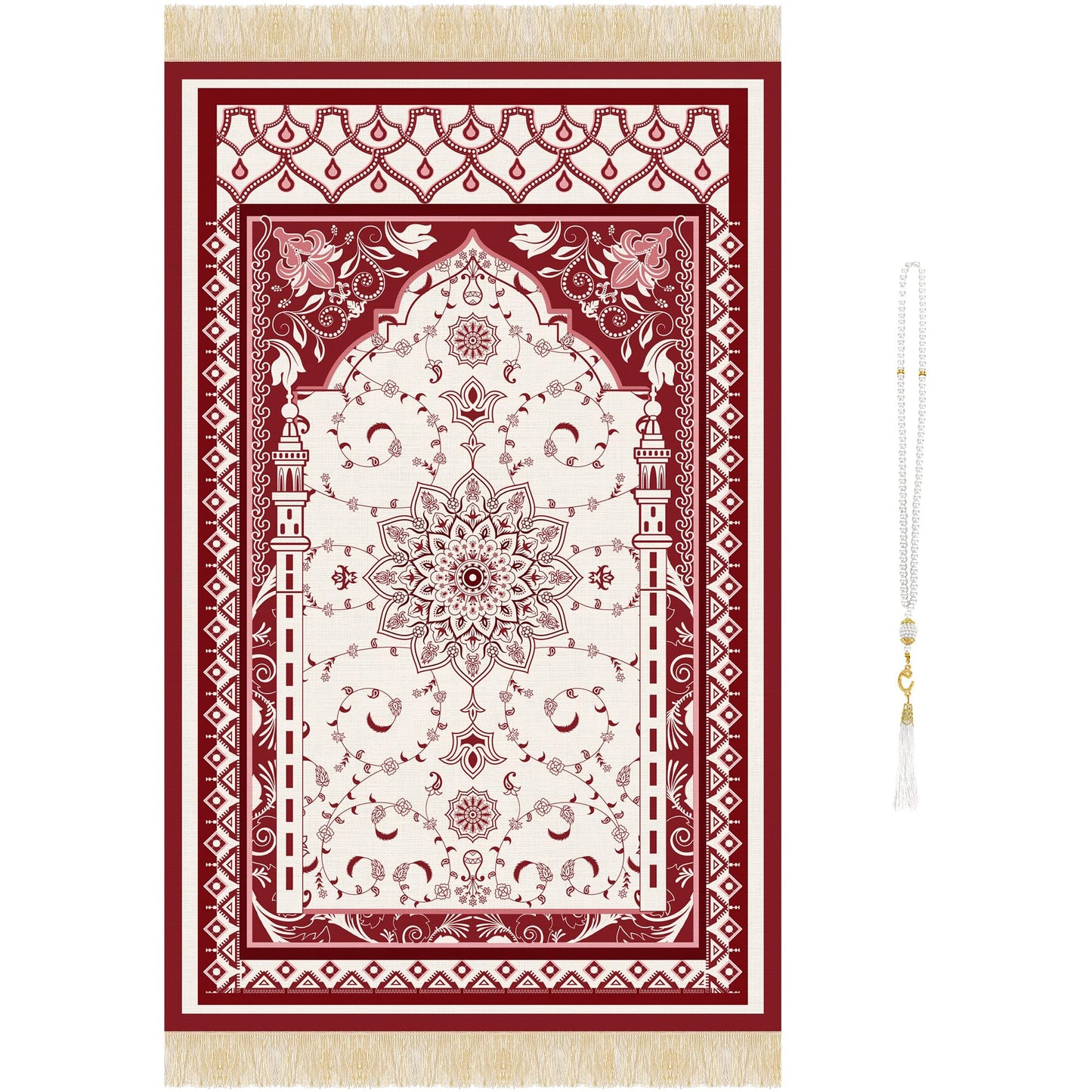 Islamic Prayer Rug Set, Muslim Prayer Mat with Mihrab Arch Floral Red Design and White Beaded Tasbih with Tassel, Thin Janamaz for Ramadan Eid Home Travel, Gift for Women Men (43" x 28")