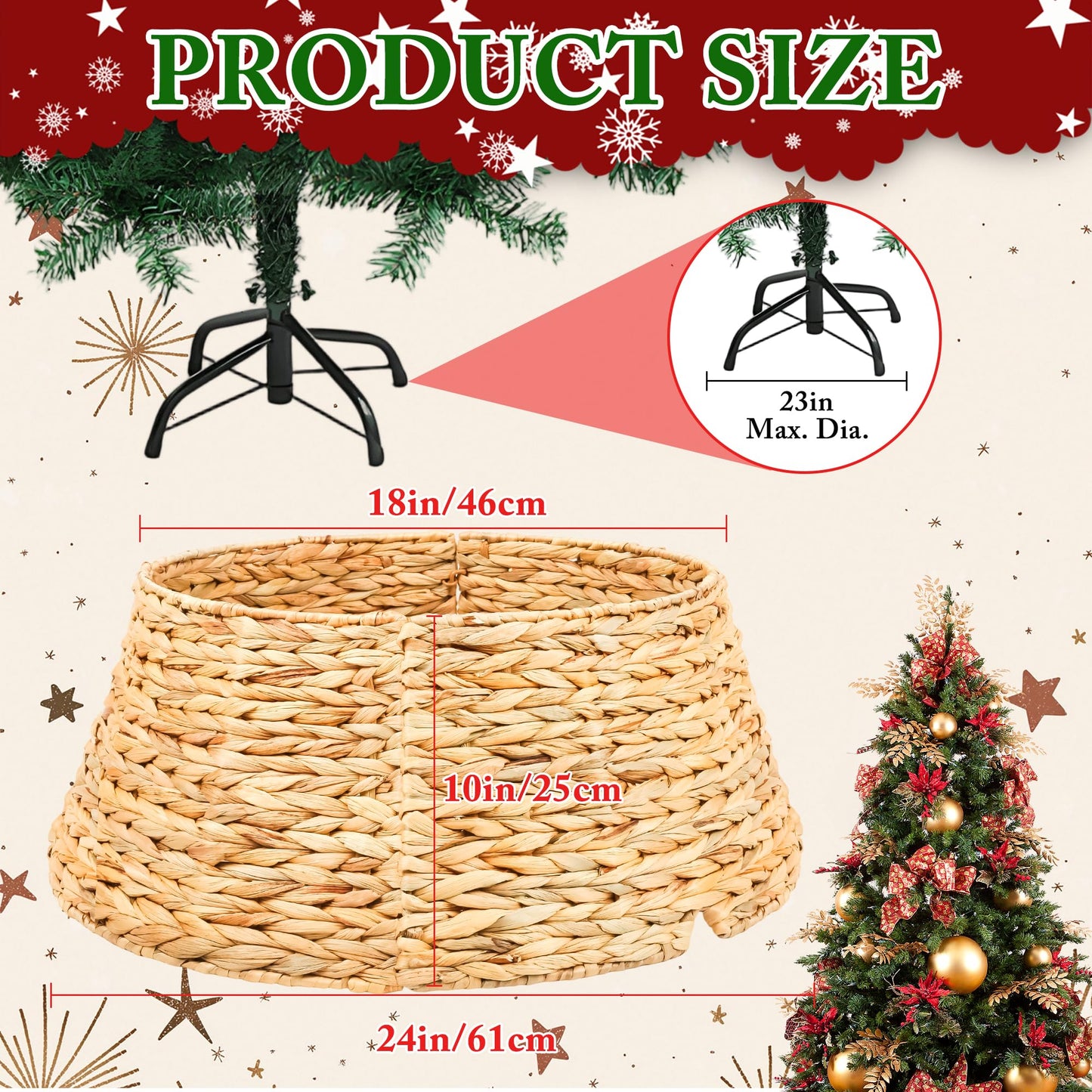 24" Christmas Tree Collar, Hand Woven Hyacinth Christmas Tree Base, for Artificial Trees - 4 Piece Rustic Farmhouse Tree Skirt Replacement, Fits Below 23" Tree Stand, Natural Hyacinth
