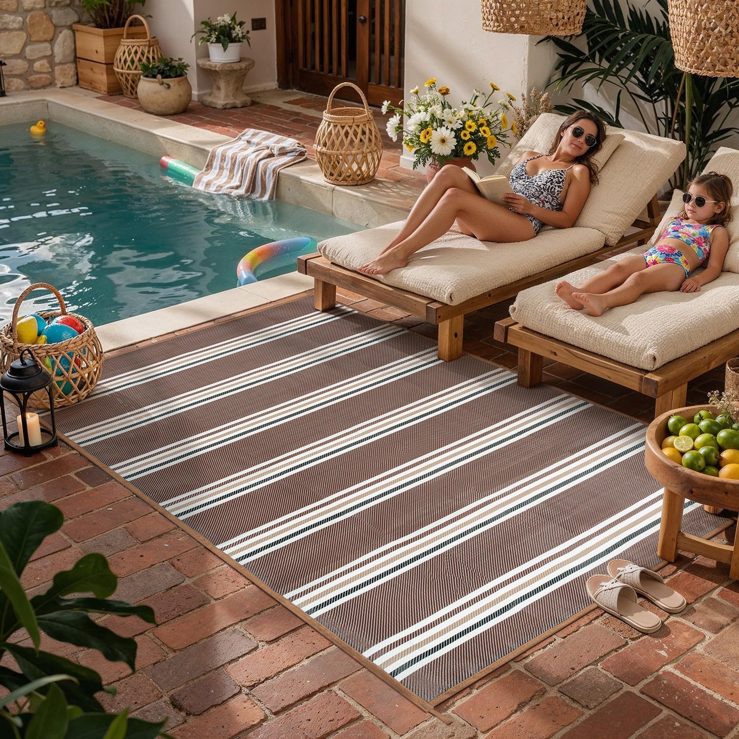 PureCozy Outdoor Waterproof 6x9 Rug for Patio Reversible Plastic Straw Brown Striped Camping Mat Outside Lightweight Large Floor Mat for RV Deck Beach Balcony Picnic Backyard Entry Porch