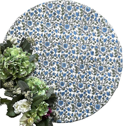 ATOSII Lake Como 100% Cotton Summer Round Tablecloth, Block Print Table Cloth for Dining, Weddings, Outdoors, Parties I Grand Millenial Farmhouse Coastal Boho Home Decor I 72" Inches 4 Seater