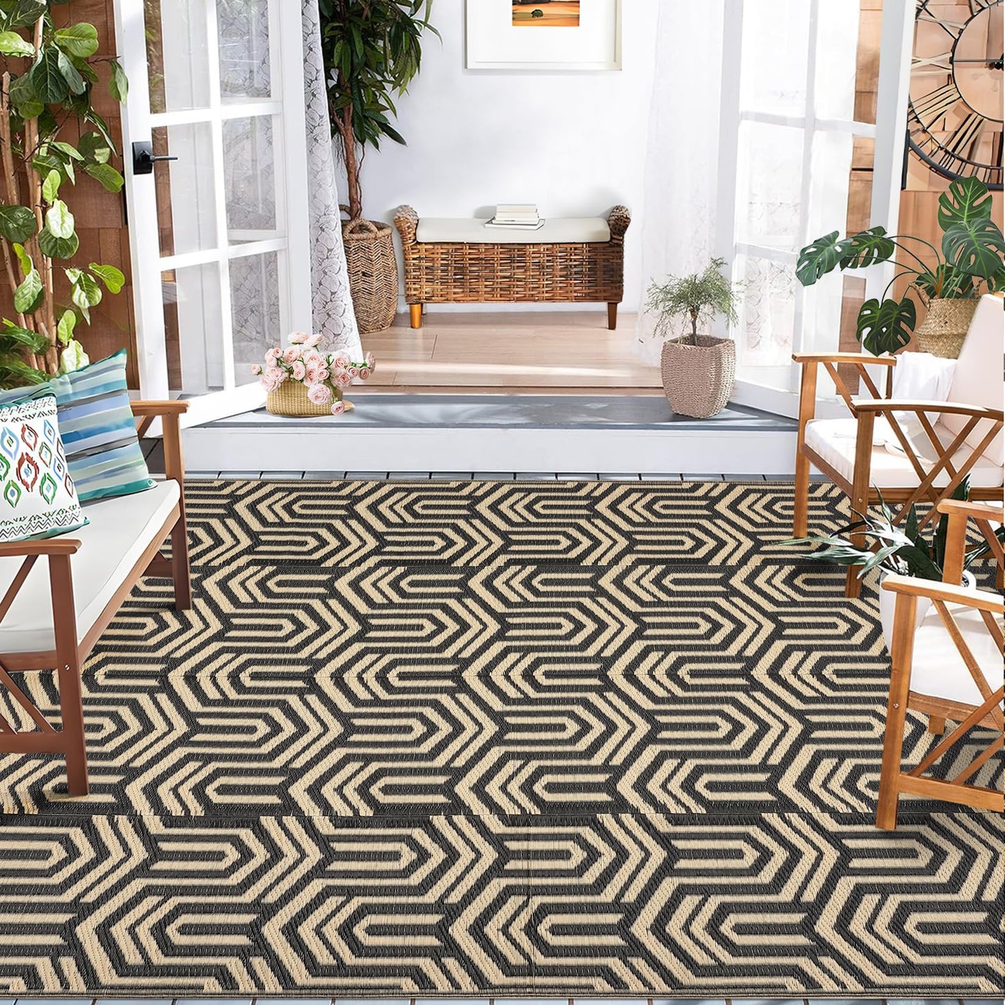 GarveeHome 9'x12' Outdoor Rug Waterproof – Large Patio Mat for Under Dining Table or Sectional Sofa – Low Pile Reversible Plastic Mat, Stain Resistant & Hose Clean, All-Weather UV Coated, Coffee