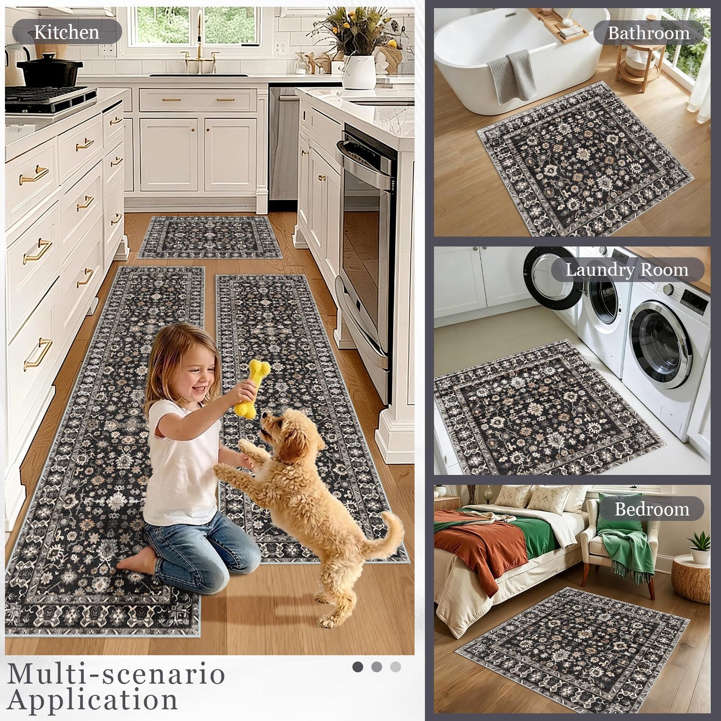 Washable 3x3 Square Rug for Entry Bathroom Kitchen Bedroom Carpet - Non Slip Low Pile Soft Throw Door mat - Protect Hardwood and Laminate Flooring Floral Farmhouse Decor 3x3 Black