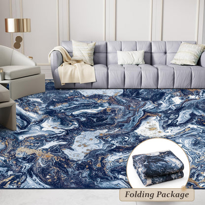 GEMBED Washable Area Rug 5x7 - Artistic Style Modern Rug for Living Room Bedroom Dining Room, Soft Low Pile Machine Washable Carpet, Non Slip Non Shedding Area Rug - Dark Blue/Gold, 5'x7'