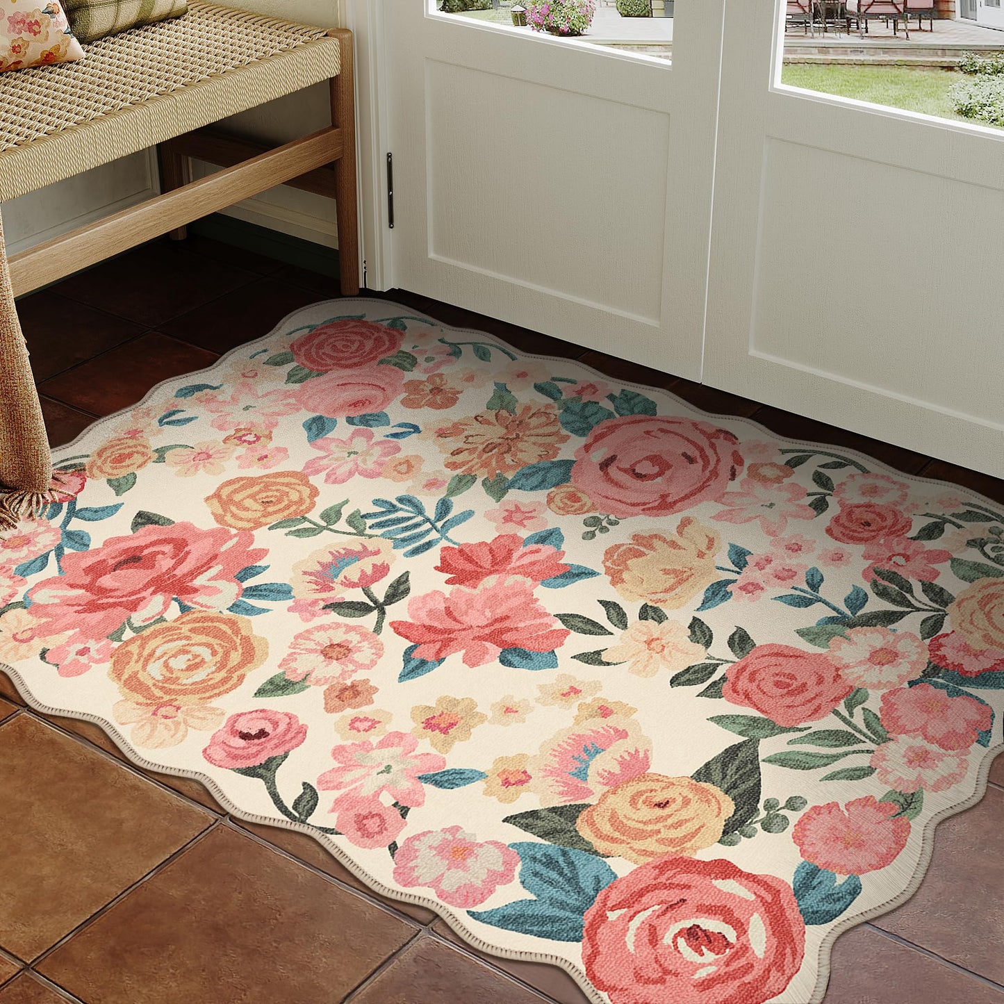 PureCozy Washable Floral Area Rug 2x3 Beige Small Entryway Carpet Scalloped Flower Non Slip Soft Entrance Door Mat Farmhouse Low Pile Indoor Thin Floor Cover for Bathroom Kitchen Bedroom Laundry Room