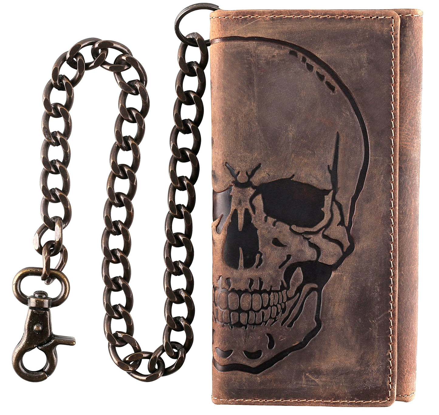F&L CLASSIC RFID Blocking Mens Tri-fold Long Style Cowhide Leather Steel Chain Wallet,brown distress with skull,212-70