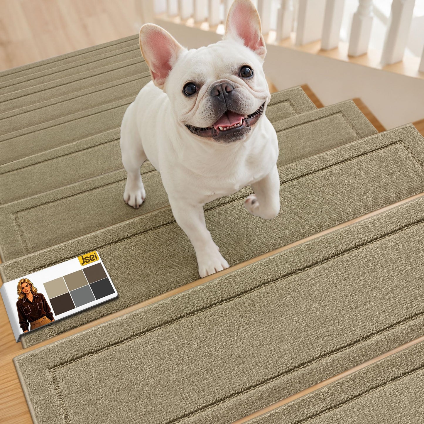 JSEI Stair Treads for Wooden Steps Indoor, 15-Pack Non Slip Stair Treads 30" x 8", Washable Polyester Stair Mats with TPE Backing, Low Profile Stair Rugs for Kids, Seniors and Dogs, Beige