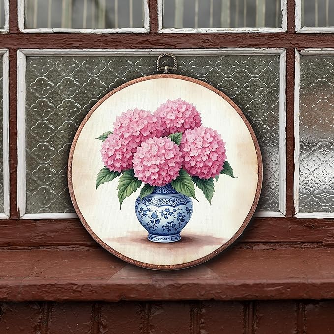 Threegoat Chinoiserie Spring Floral Framed Round Wall Art,Blue and White Hydrangea Flowers Wall Art Decor for Bedroom,Vintage Wall Hanging Decor for Grand Millenial Grandmillennial Home - A06