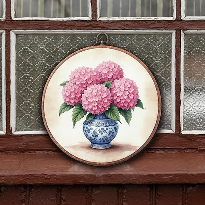 Threegoat Chinoiserie Spring Floral Framed Round Wall Art,Blue and White Hydrangea Flowers Wall Art Decor for Bedroom,Vintage Wall Hanging Decor for Grand Millenial Grandmillennial Home - A06