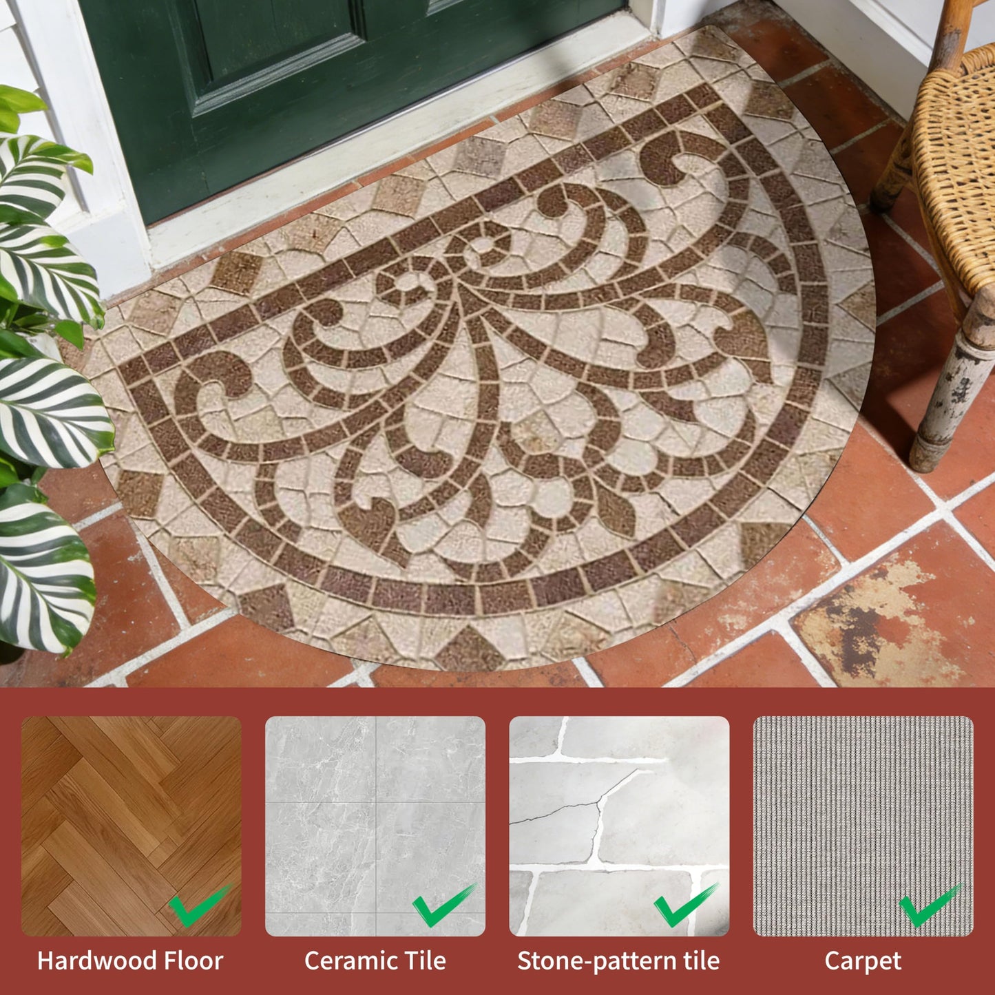 WOYUO Half Circle Door Mat 20"x31.5" Non-Slip Washable Welcome Mat, Low Profile Front Door Mat Semicircular Entrance Doormat, Dirt Trapper Floor Mat (Brown Marble Pattern, 24"x 36" Large Half Round)