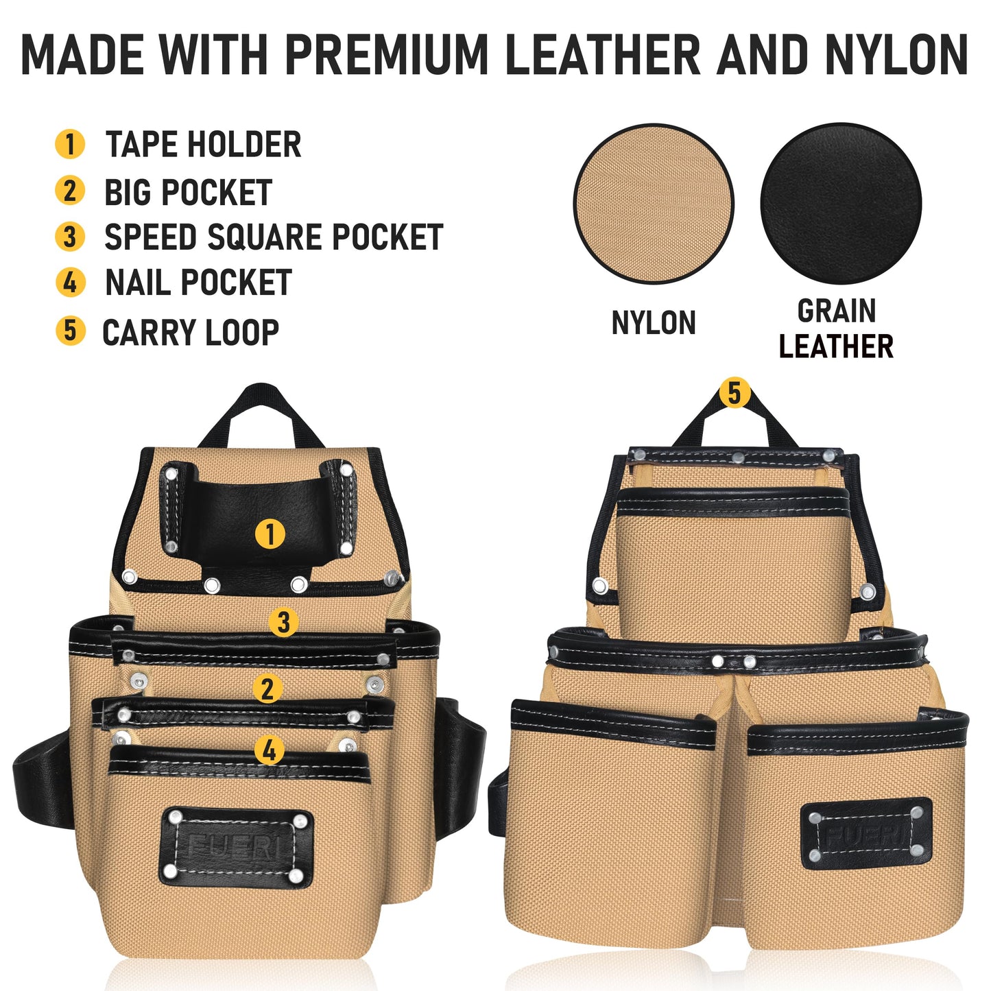 FUERI Electrician's Heavy Duty 26 Pocket Leather-Nylon Tool Belt & Suspender Combo, Comfort Back Support Padded Belt, 2 Large Storage Capacity Pouches, Best for Framers, Carpenter, Roofing