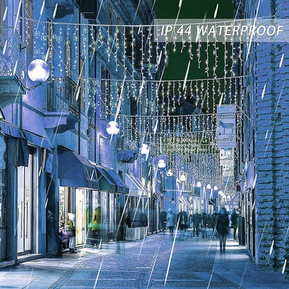 Dazzle Bright 360 LED Christmas Icicle Lights, 29.5 FT 8 Modes Curtain Fairy Lights with 60 Drops, Connectable Xmas String Lights for Outside Holiday Wedding Party Decorations (White)