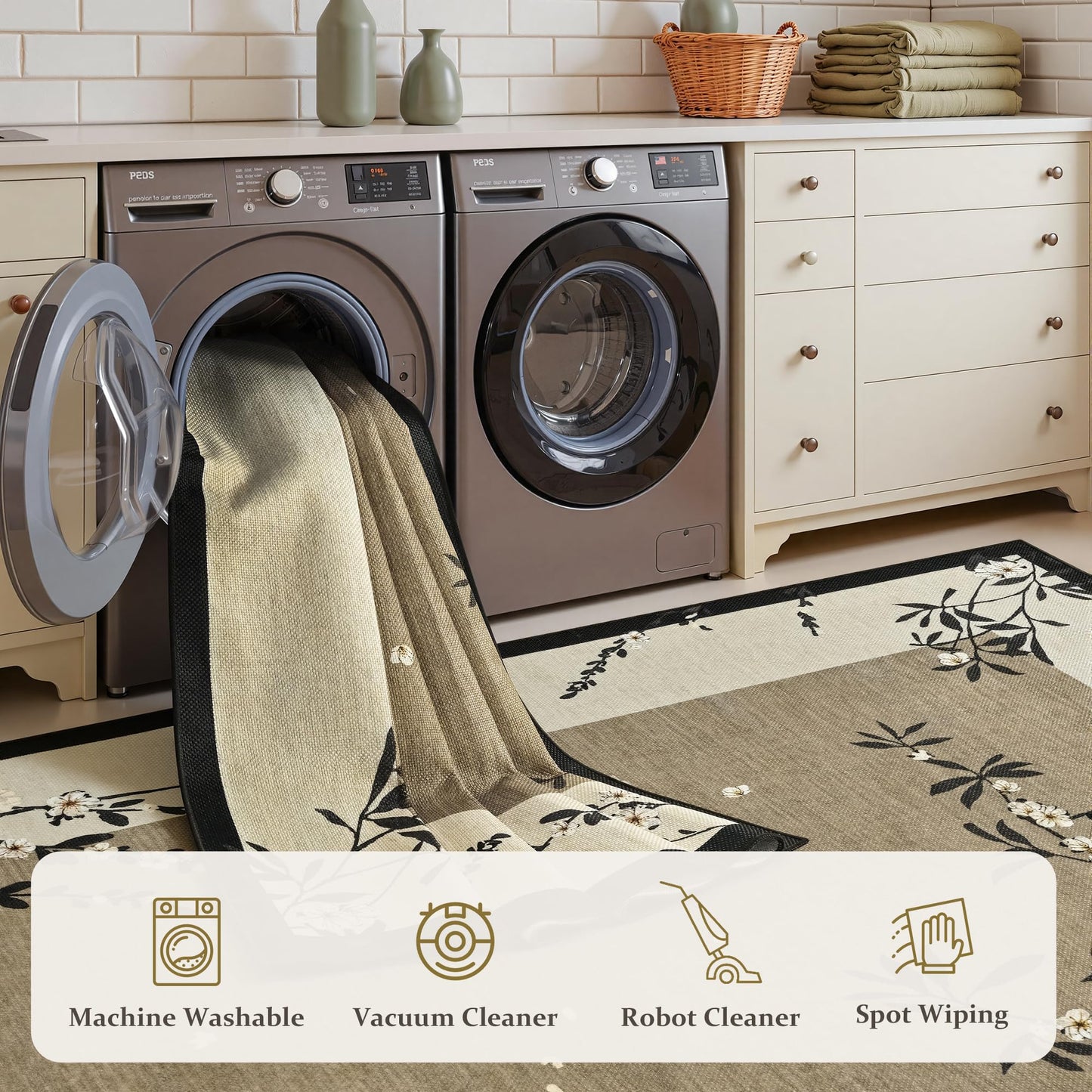 FALARK Easy Jute 4x6 Outdoor Patio Rug, Washable Rugs for Entryway Indoor Living Room Carpet, Oriental Brown Cherry Blossom Branch Neutral Non Slip Thin Door Carpet for Backyard Bedroom Kitchen