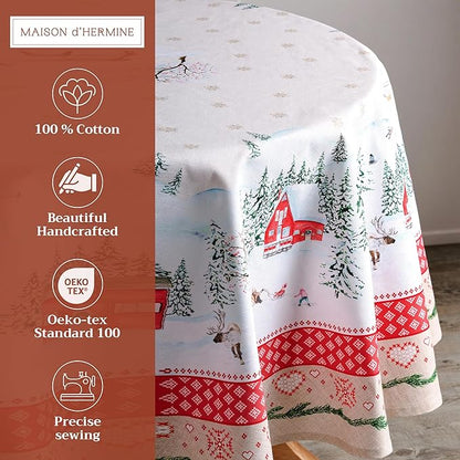 Maison d' Hermine Table Cloth Round Table 100% Cotton 63 Inches Fall Tablecloth Reusable Everyday Use for Thanksgiving Christmas Decorations Dining Farmhouse Party (Rural Christmas)