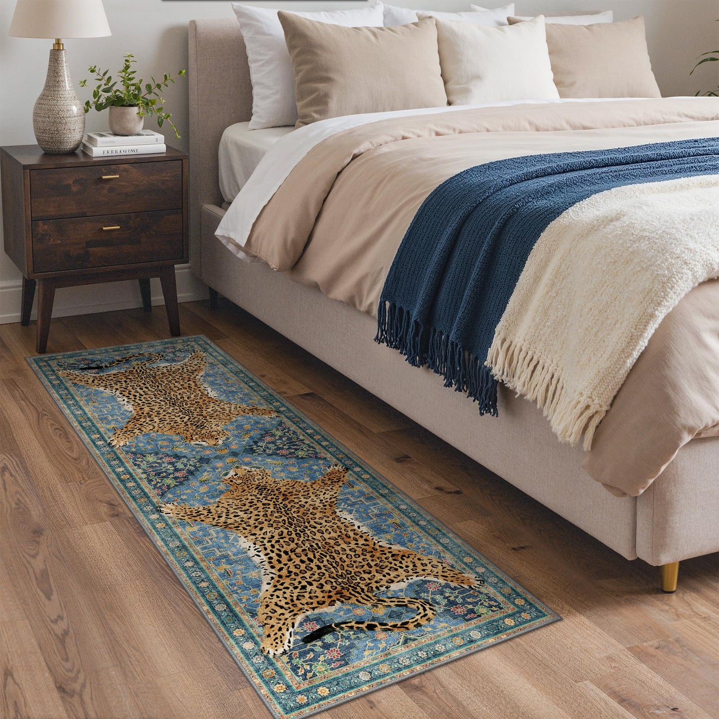 Bavni 2x6 Leopard Rug, Soft Cheetah Rug Animal Print Kitchen Rug Washable Runner Rug Non Slip, Low Pile Runners for Hallway Print Woodland Jungle Carpet for Entryway Playroom Bedroom, Blue