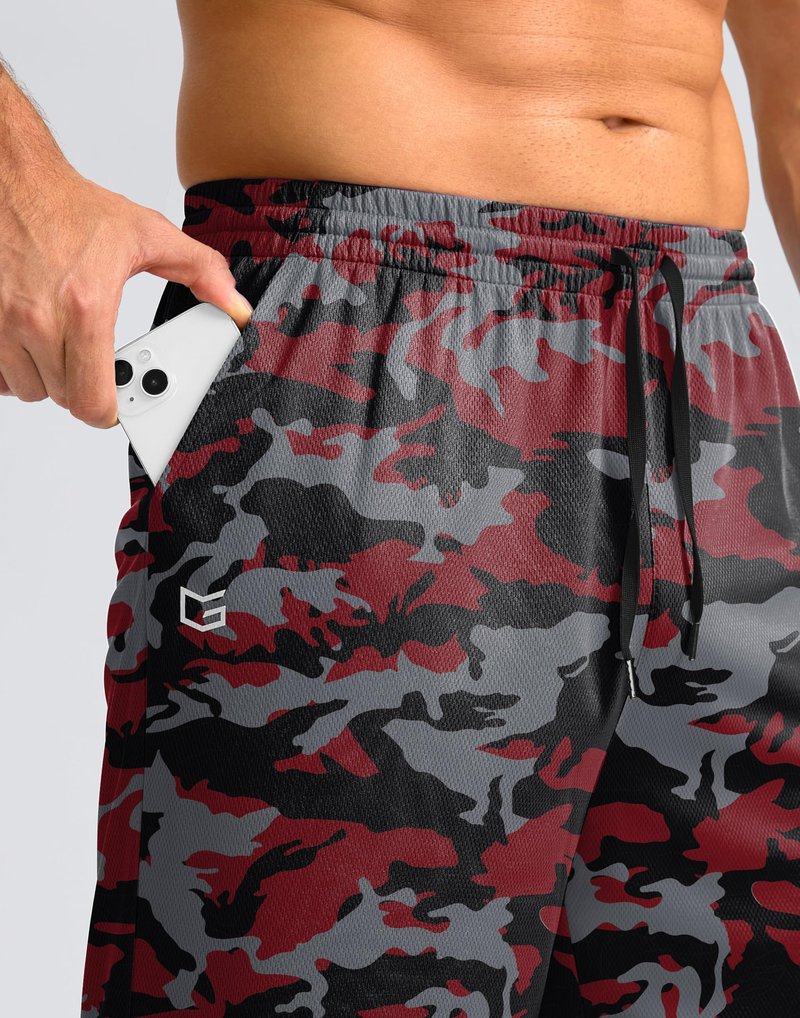 G Gradual Men's Athletic Shorts with Pockets 9" / 11" Long Basketball Shorts Lightweight Quick Dry Gym Workout Shorts for Men(Red Camo,XL)