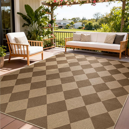 EDIMENS Checkered Easy Jute Area Rugs, 5x7 Outdoor Patio Rug for Entryway Indoor Outdoor Living Room Carpet, Brown Washable Non Slip Diamond Farmhouse Carpet for Backyard Front Porch Patio Balcony
