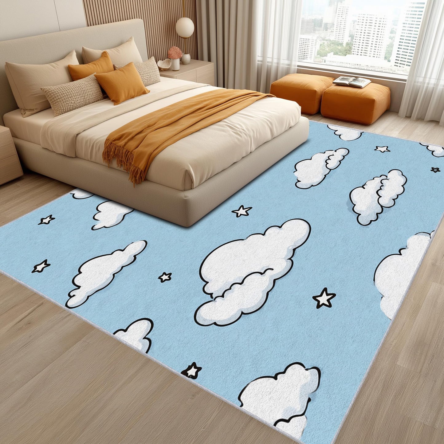 White Cloud Star Rug, Washable Area Rug 5x7 Rugs for Living Room, Cartoon Sky Blue Patterned Indoor Carpet, Cloud Star Decor for Home, Bedroom, Soft Non Slip Thin Design TWR109