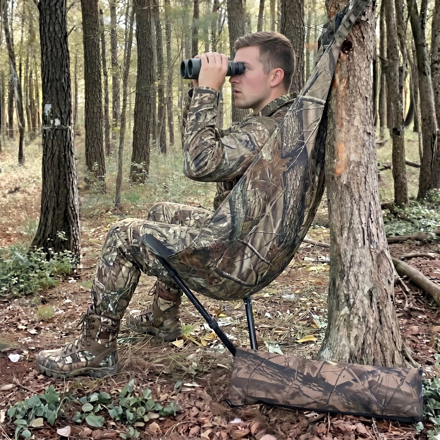 Portable Hunting Chair – Adjustable Height Silent Swivel Tree & Ground Seat, Lightweight Folding Hammock-Style Camp Chair for Deer, Turkey & Duck Hunting