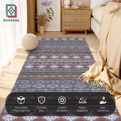 RUGSURE Washable Area Rugs 2'6'' x 8' - 1/6 Thick - Moroccan-Inspired -Stain & Water Resistant Non-Slip - Resistant Rug for Living Room, Bedroom, Nursery, Pet & Child Friendly (Blue and Red)