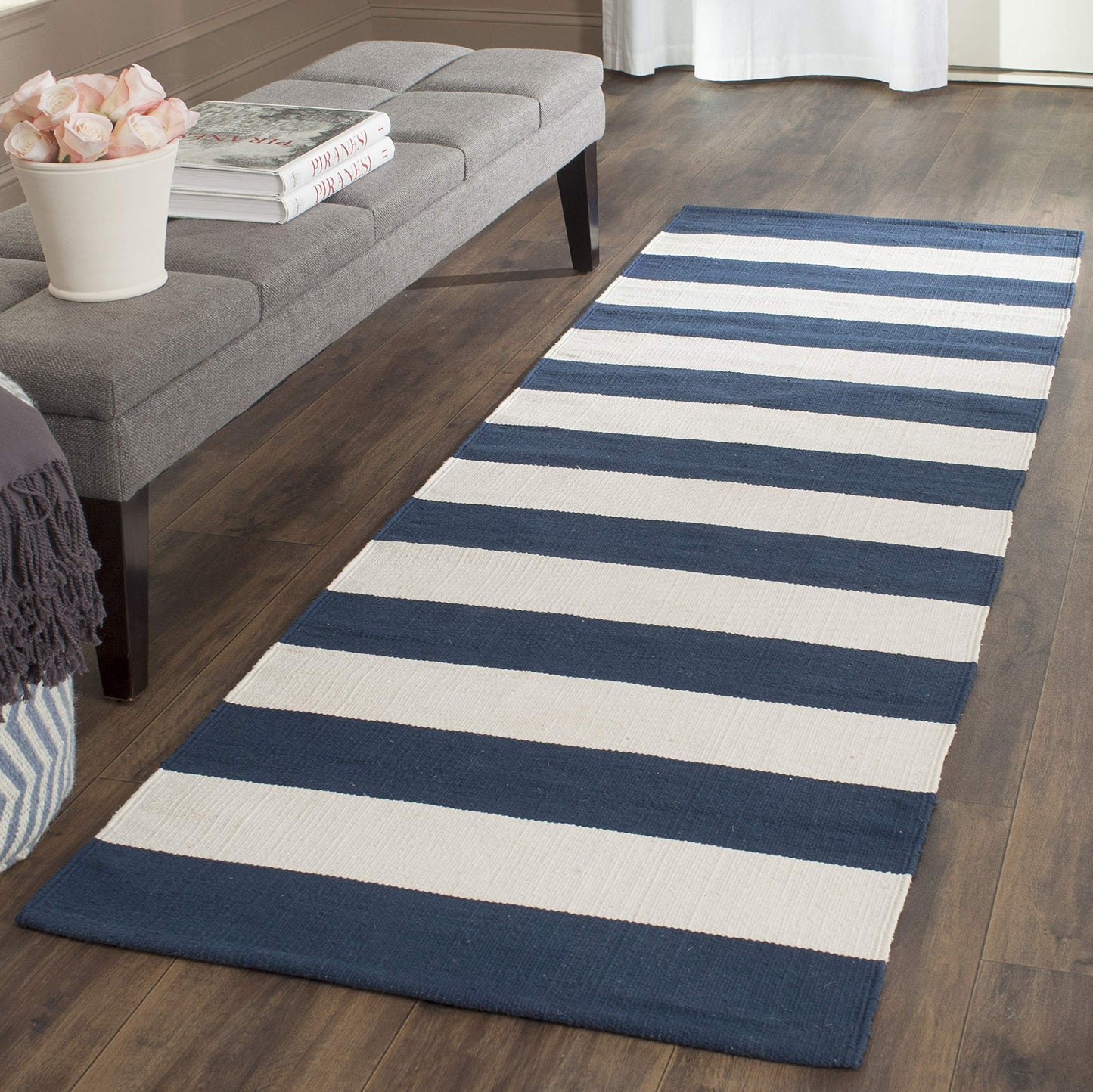 SAFAVIEH Montauk Collection Runner Rug - 2'3" x 9', Navy & Ivory, Handmade Flatweave Cotton, Woven Texture, Farmhouse Stripe Pattern, Ideal for Bedroom, Kitchen, Hallway (MTK712H)