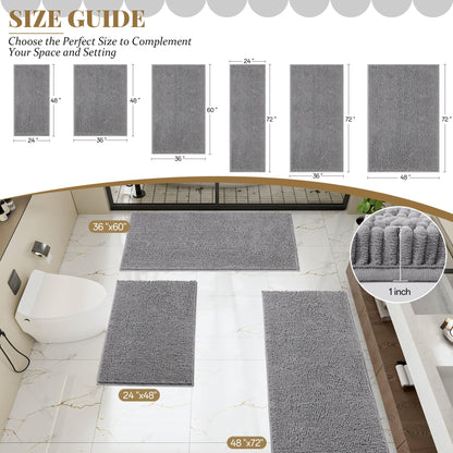 HOMEK Bathroom Rugs Mat 72 x 48, Thick Soft Absorbent Chenille Bath Rugs, Rubber Backing Bath Mats for Bathroom Floor, Tub, Shower, Bedroom, Home Decor Accessories, Quick Dry Machine Washable, Grey