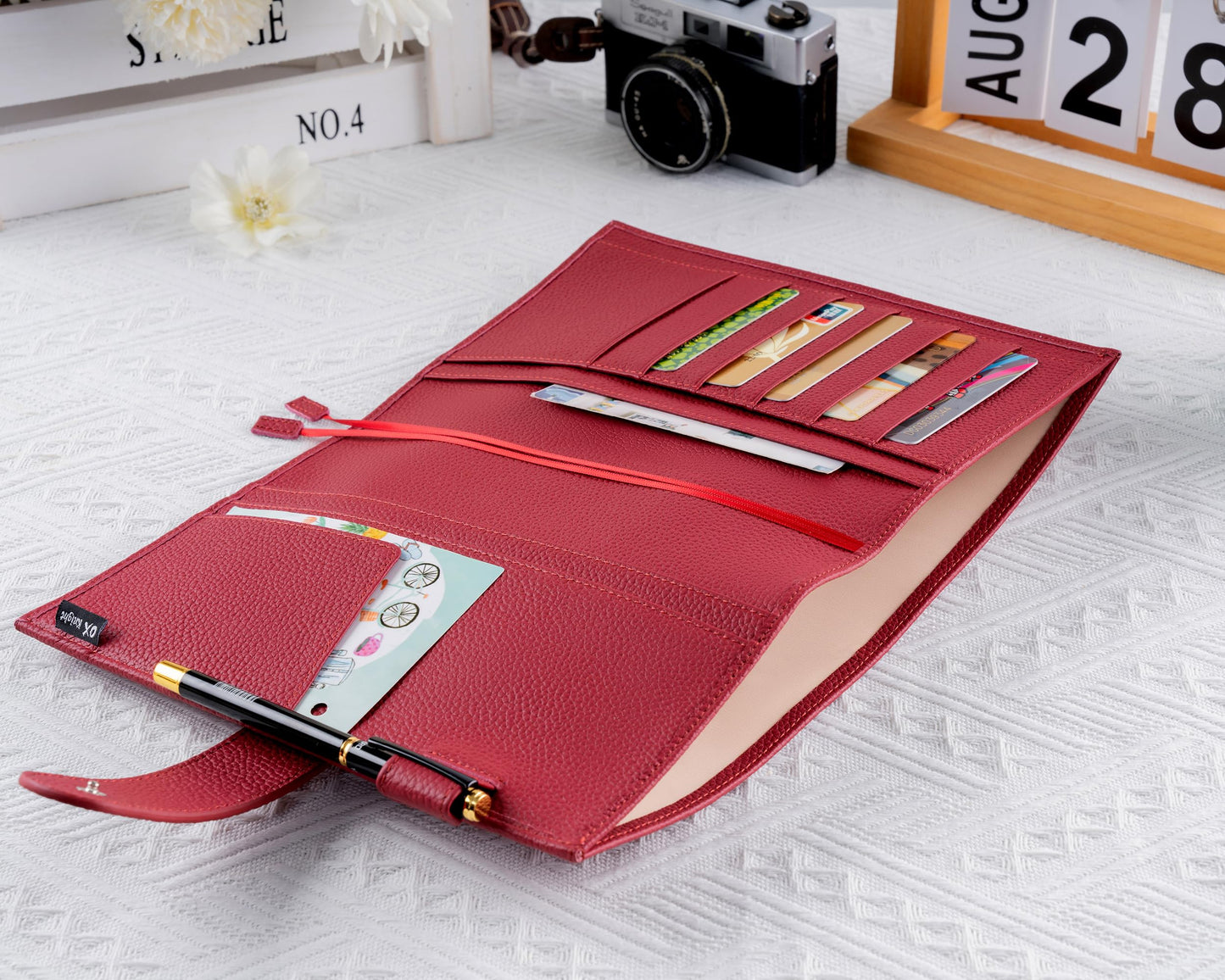 Ox Knight Genuine Leather Cover for A5 Notebooks, Fits Hobonichi Cousin, Midori MD Planners, Leuchtturm1917 and Stalogy with Pen Loop, Card Slots, Side Pockets, Back Pocket and Bookmarks (Red)