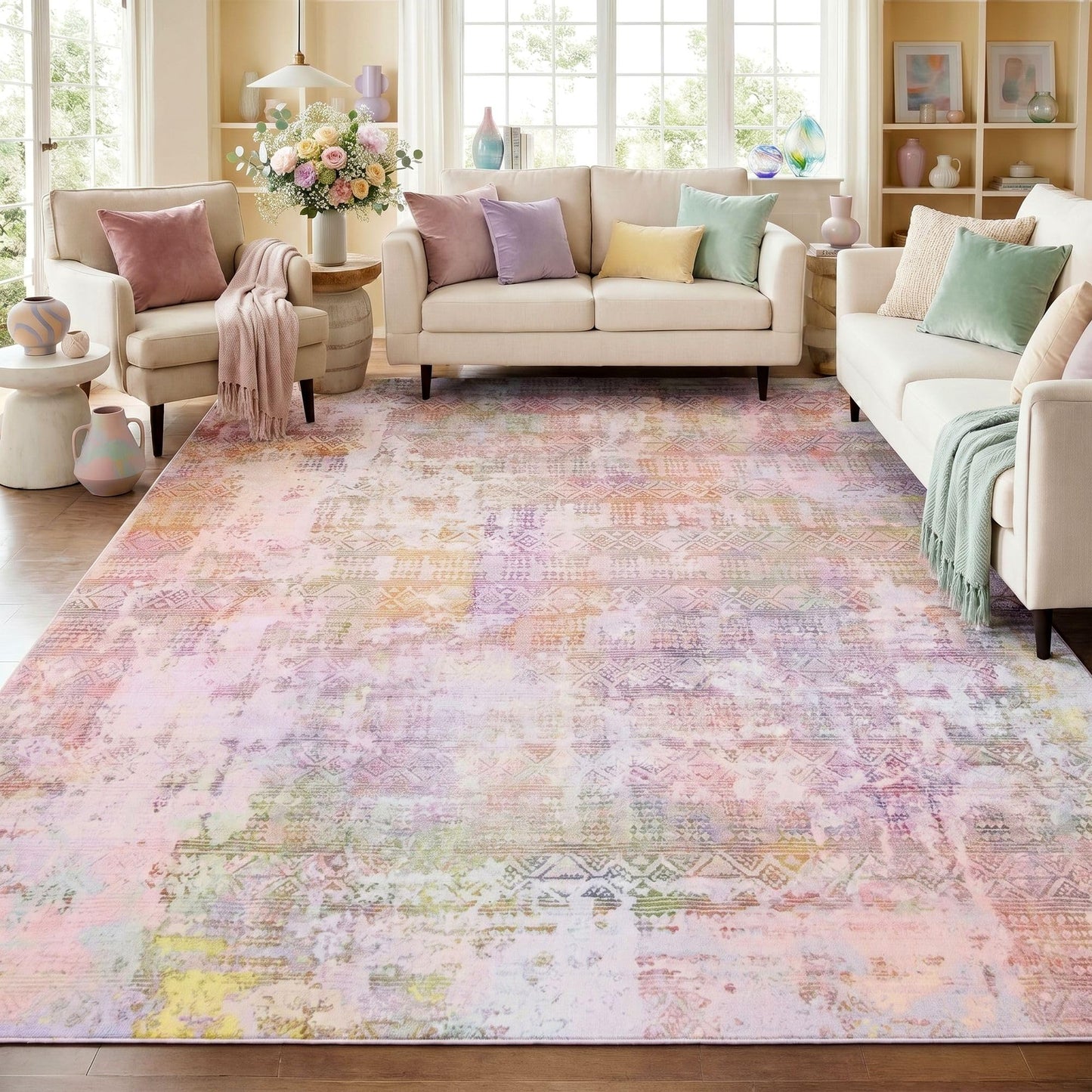 Kokia Abstract 9x12 Area Rugs Living Room Washable Low Pile Non-Slip Indoor Decor Pink Orange Carpet Foldable Stain Resistant Ombre Rugs Bedroom Dining Room, Oslo Liora