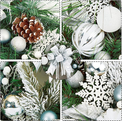 Christmas Wreath for Front Door, 24 Inch Outdoor Christmas Wreath, Battery Operated Xmas Wreath with Silver White Ball Ornaments Bows and 20 LED Lights for Home Holiday Decor