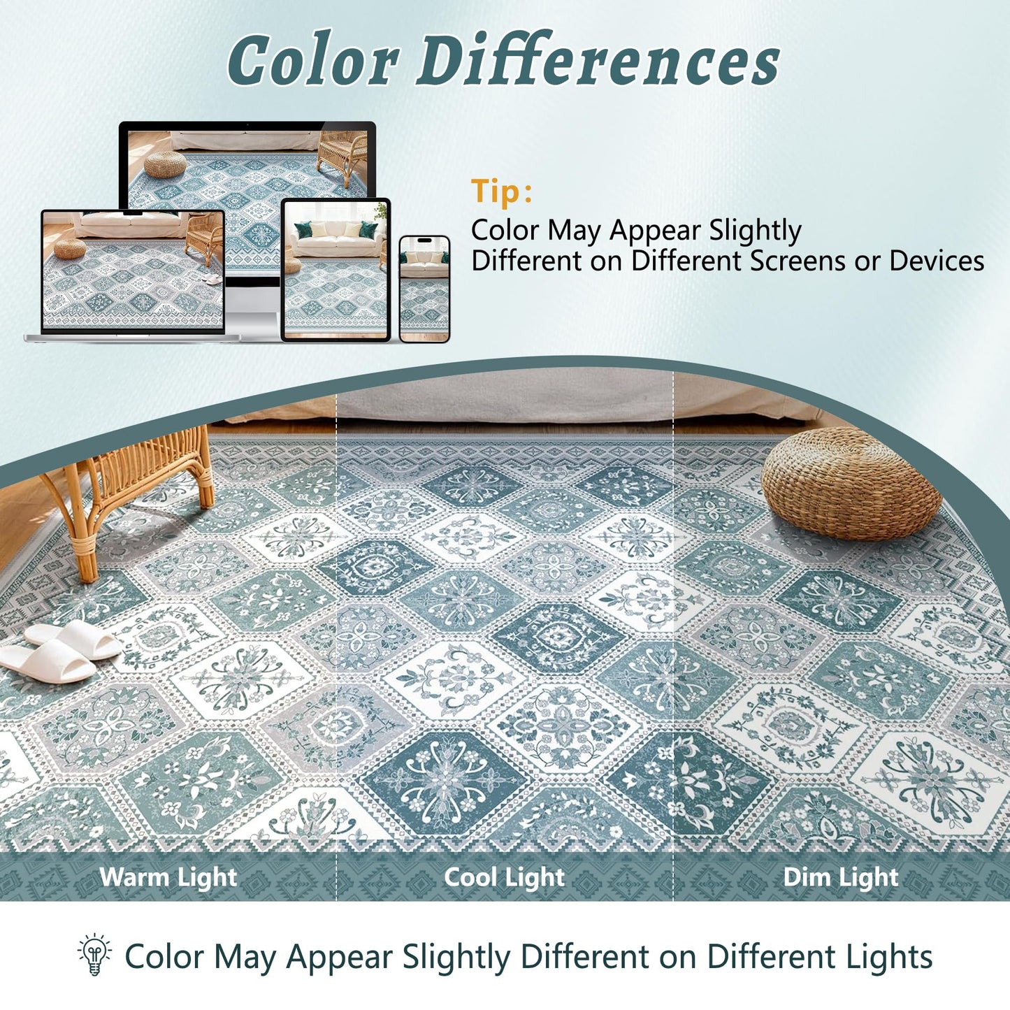 TTelephant 2x3 Washable Entryway Rugs, Soft Non-Slip Boho Moroccan Rug, Low-Pile Printed Indoor Teal Throw Rugs for Entrance, Kitchen, Bedroom Bedside- Teal