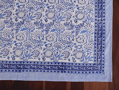 ATOSII Indigo Bloom 100% Cotton Spring Summer Tablecloth, Block Print Square Table Cover for Dining, Parties, Weddings, Outdoors, Grand Millenial Decor 60 X 60 Inches I 4 Seater