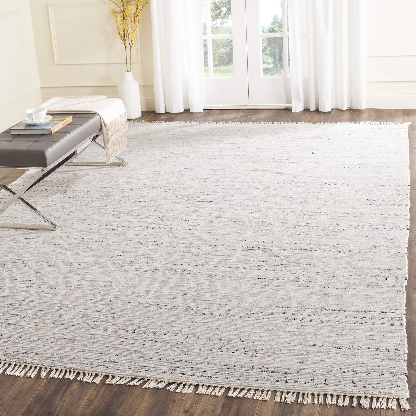 SAFAVIEH Rag Rug Collection Area Rug - 8' Square, Ivory & Multi, Handmade Boho Stripe Cotton, Ideal for High Traffic Areas in Living Room, Bedroom (RAR121G)