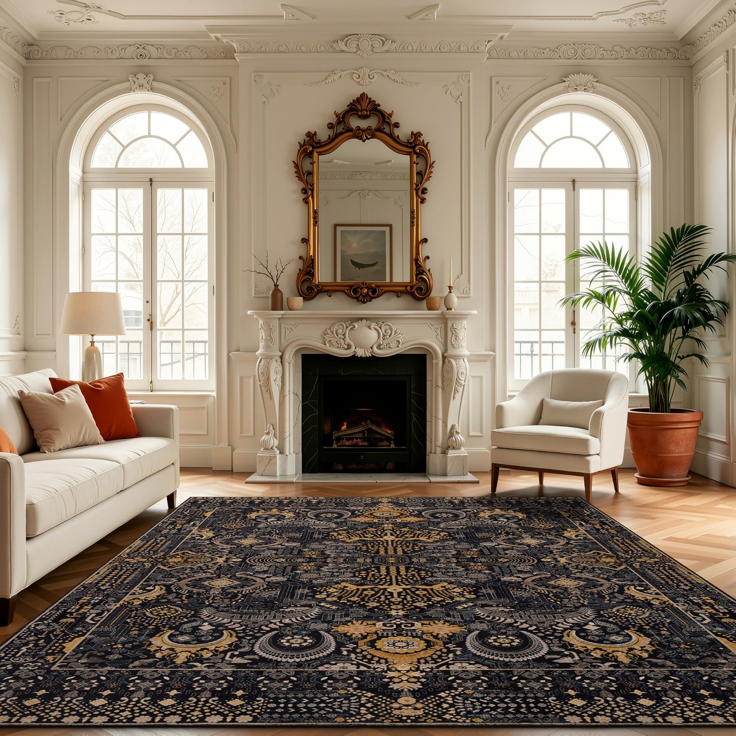 Ruaruarug Area Rug 8'×10', Non Slip Machine Washable Ultra Soft Stain & Fade Resistant, Pet & Kids Friendly, for Living Room/Bedroom/Kitchen/Classroom, Black Gold
