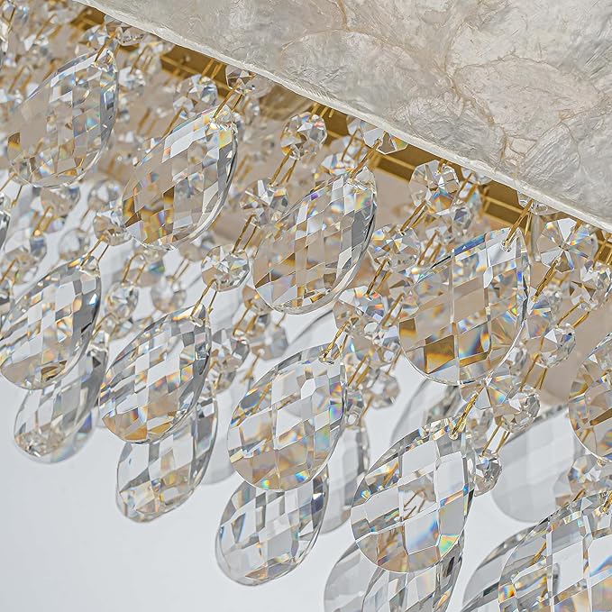 6-Lights Oval Capiz Shell Crystal Linear Chandeliers, Coastal Design Light Fixture for Dining Room, Kitchen Island, L32xW12xH19~65 Inch(Adjustable), Shell Lampshade & Brass Finish