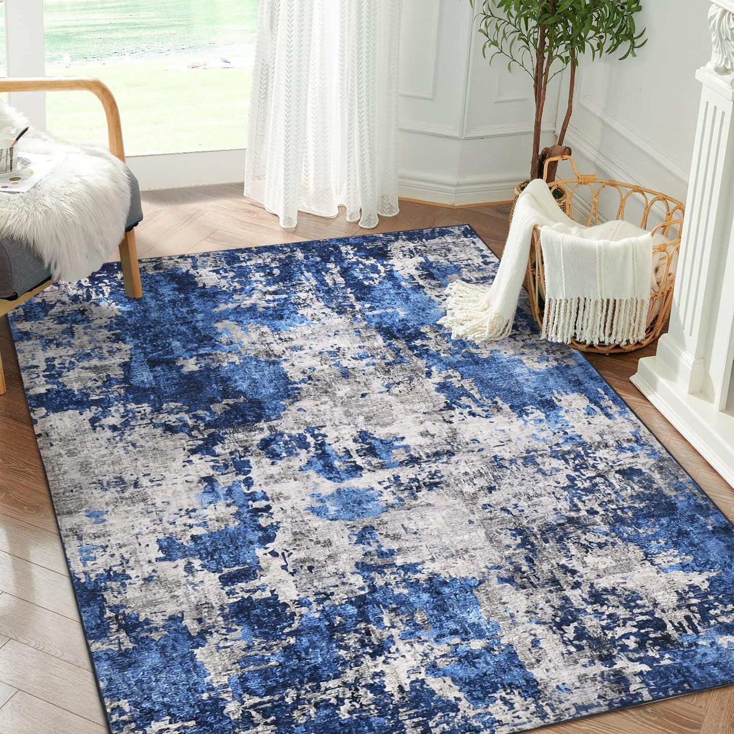 Washable Rugs 5X7 Large Neutral Modern Non Slip Foldable Thin Under Dining Table Dining Room Floor Cove Blue
