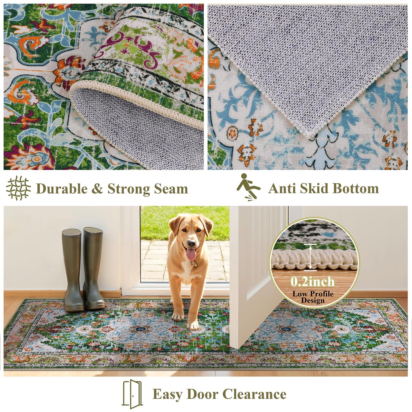 U'Artlines 2' x 6' Boho Hallway Runner Rug, Non Slip Washable Vintage Farmhouse Kitchen Rug Accent Area Carpet for Entryway Laundry and Living Room (Green)