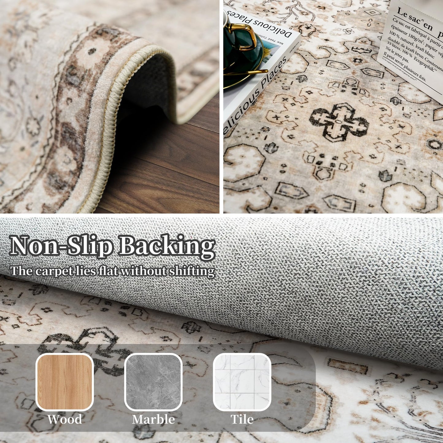 HILORUUG 4x5 Rug Entryway Washable: Non-Slip Oriental Area Rug for Bathroom Kitchen- Farmhouse Low Pile Stain Resistant Carpet Long Thin Front Door Mat (4x5 Ivory/Grey/Multi)