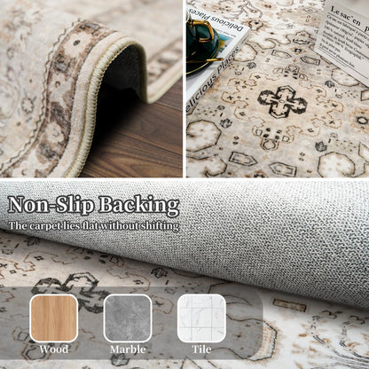 HILORUUG 4x5 Rug Entryway Washable: Non-Slip Oriental Area Rug for Bathroom Kitchen- Farmhouse Low Pile Stain Resistant Carpet Long Thin Front Door Mat (4x5 Ivory/Grey/Multi)