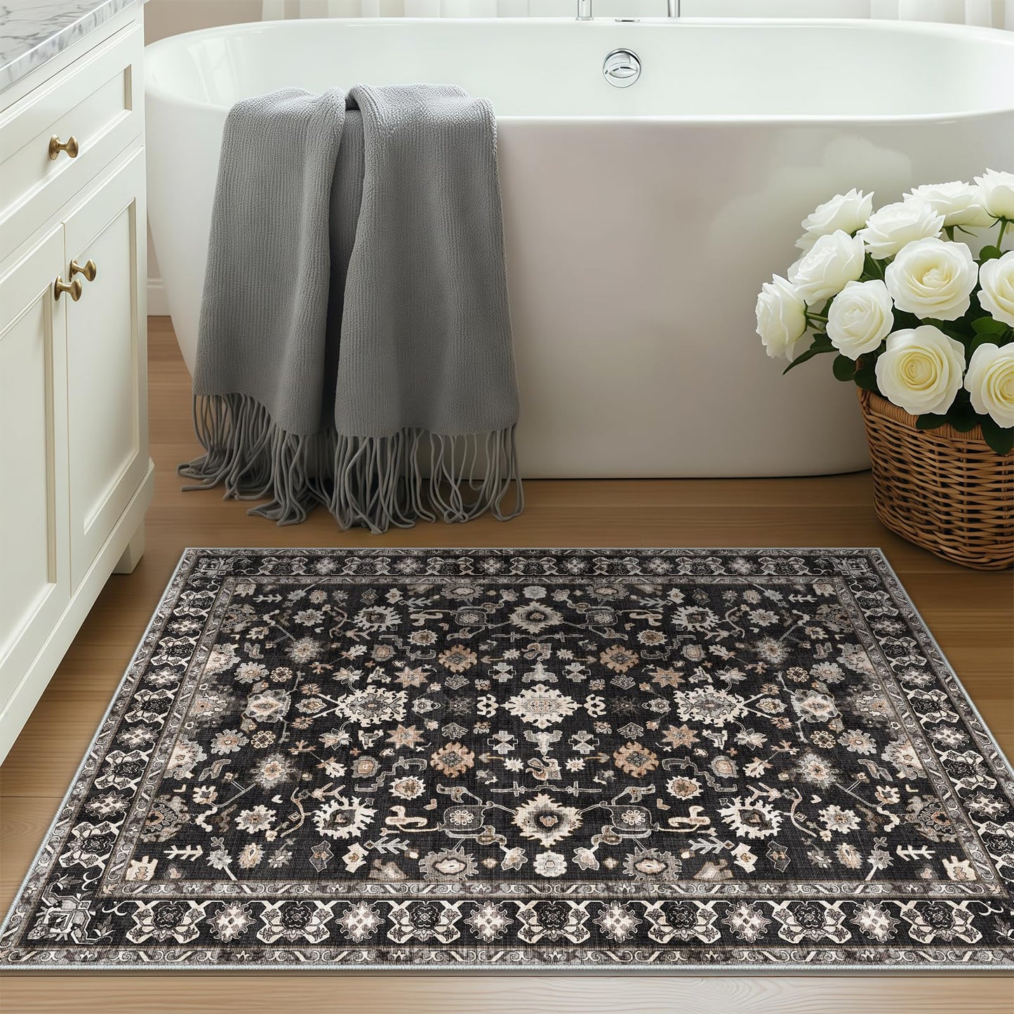 Washable 2x3 Area Rug for Entry Bathroom Kitchen Bedroom Carpet - Indoor Soft Non Slip Low Pile Throw Small Door mat - Protect Hardwood and Laminate Flooring Floral Farmhouse Decor 2x3 Black