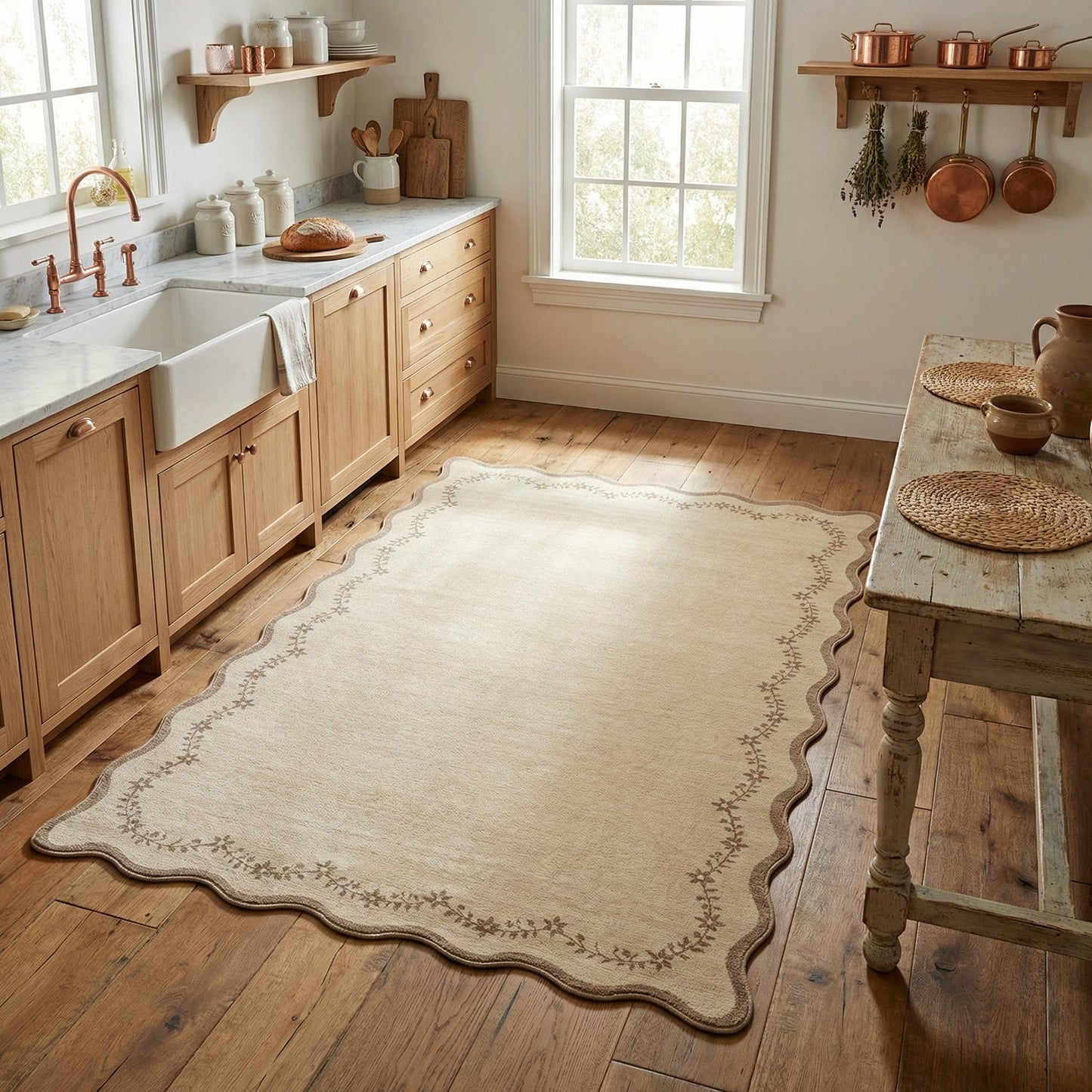 GarveeHome 3x5 Scalloped Washable Area Rug for Bedroom,Soft Solid Jute Entryway Rug Farmhouse Kitchen Mat Non Slip Low Pile Carpet Stain Resistant Throw Rug for Bedside Kids Room Office