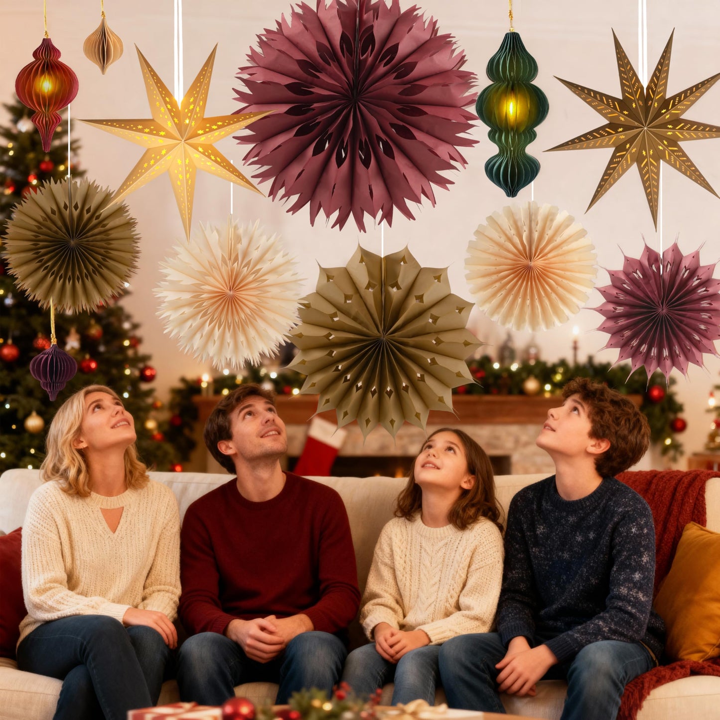 Christmas Hanging Decorations Set, 3D Paper Star Lanterns with Lights Paper Honeycomb Ornaments Snowflake Fans Decorative Hanging Ornamnets for Xmas Tree Frozen Winter Wonderland Holiday Party Decor