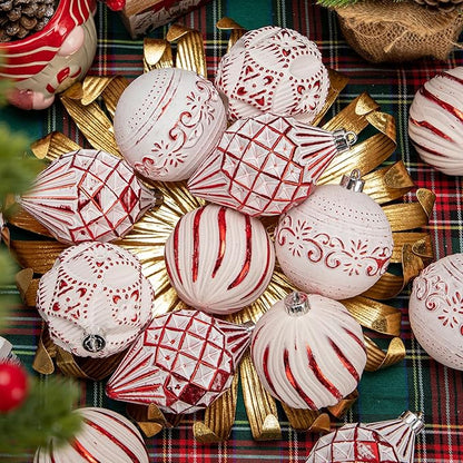 16PCS Shatterproof Christmas Ball Ornaments Set, Hand-Painted Holiday Decor with Assorted Sizes & Designs for Christmas Tree Thanksgiving Party Decoration, Red-White